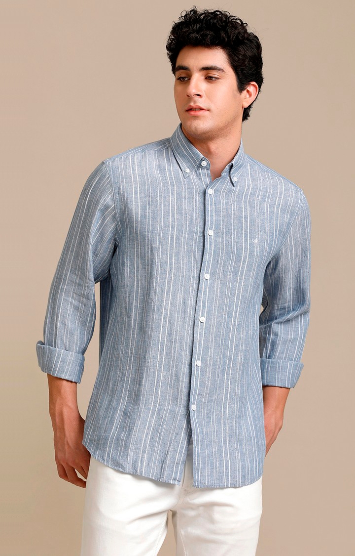 Men's Blue Linen Striped Casual Shirt