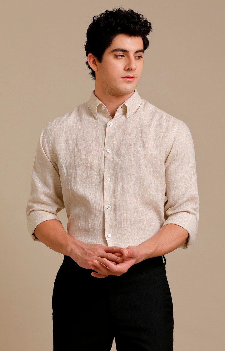 Men's Beige Linen Solid Formal Shirt