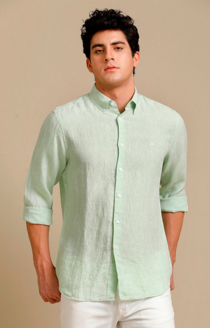 Aldeno | Men's Green Linen Solid Casual Shirt