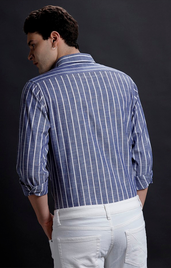 Men's Navy Cotton Striped Formal Shirt