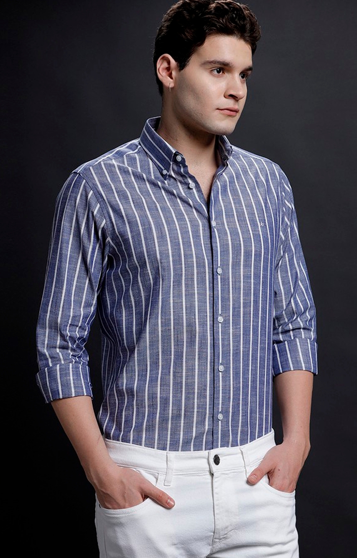 Men's Navy Cotton Striped Formal Shirt
