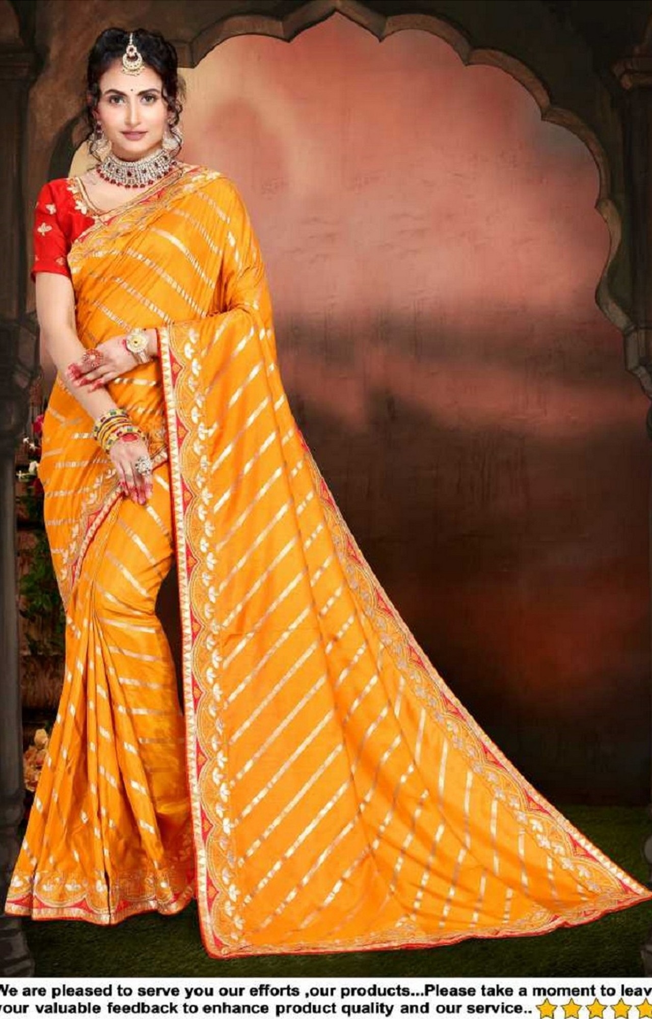 AWRIYA | Awriya Women's Silk Saree With Foil Print & Embroidery Gota Patti Work - Lata Yellow 6