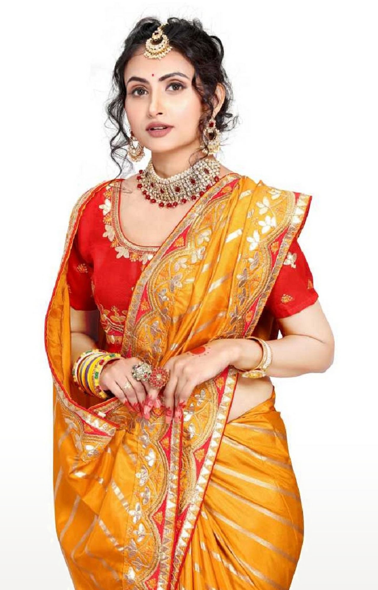 AWRIYA | Awriya Women's Silk Saree With Foil Print & Embroidery Gota Patti Work - Lata Yellow 1