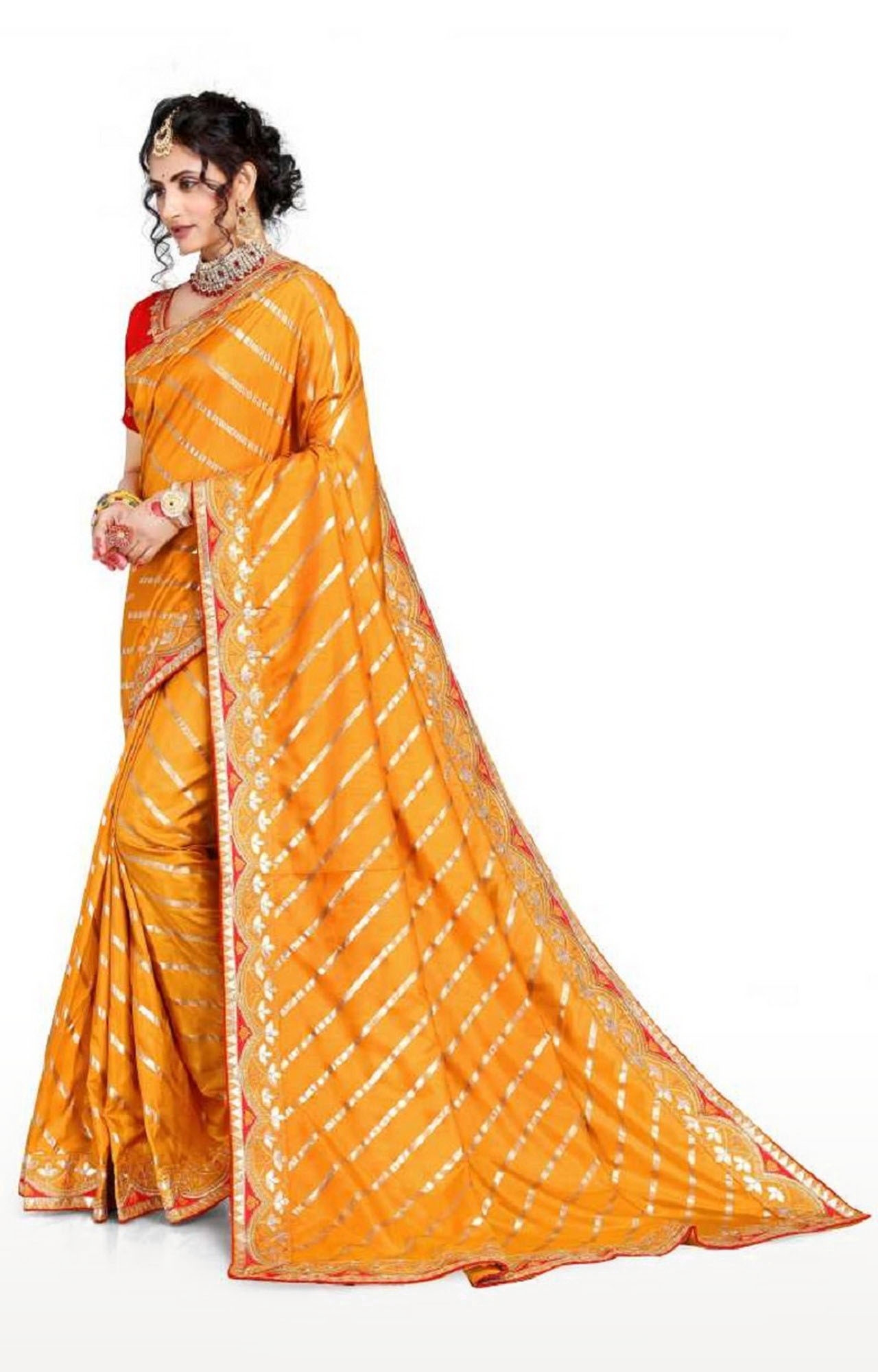AWRIYA | Awriya Women's Silk Saree With Foil Print & Embroidery Gota Patti Work - Lata Yellow 2