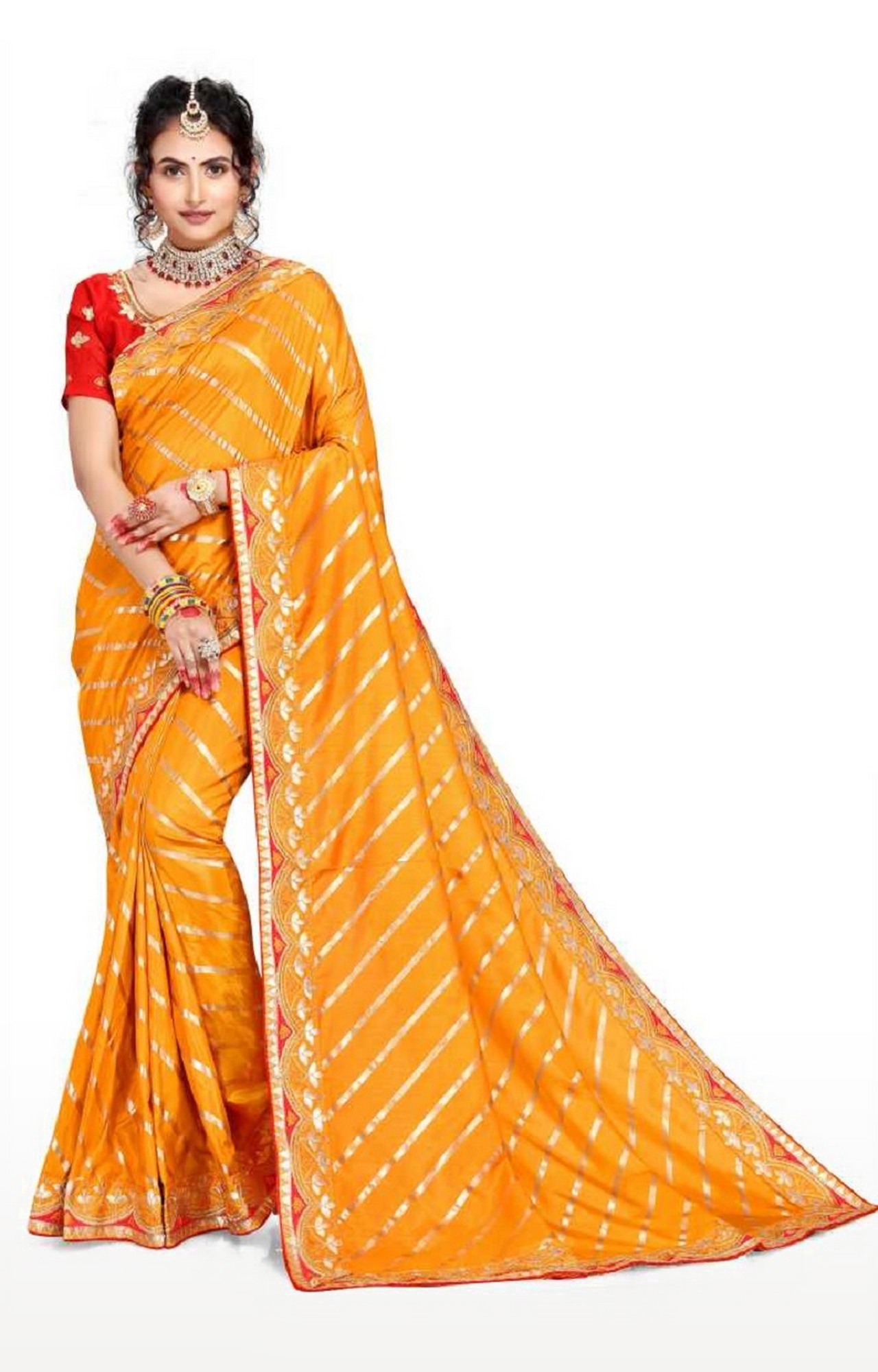 AWRIYA | Awriya Women's Silk Saree With Foil Print & Embroidery Gota Patti Work - Lata Yellow 0