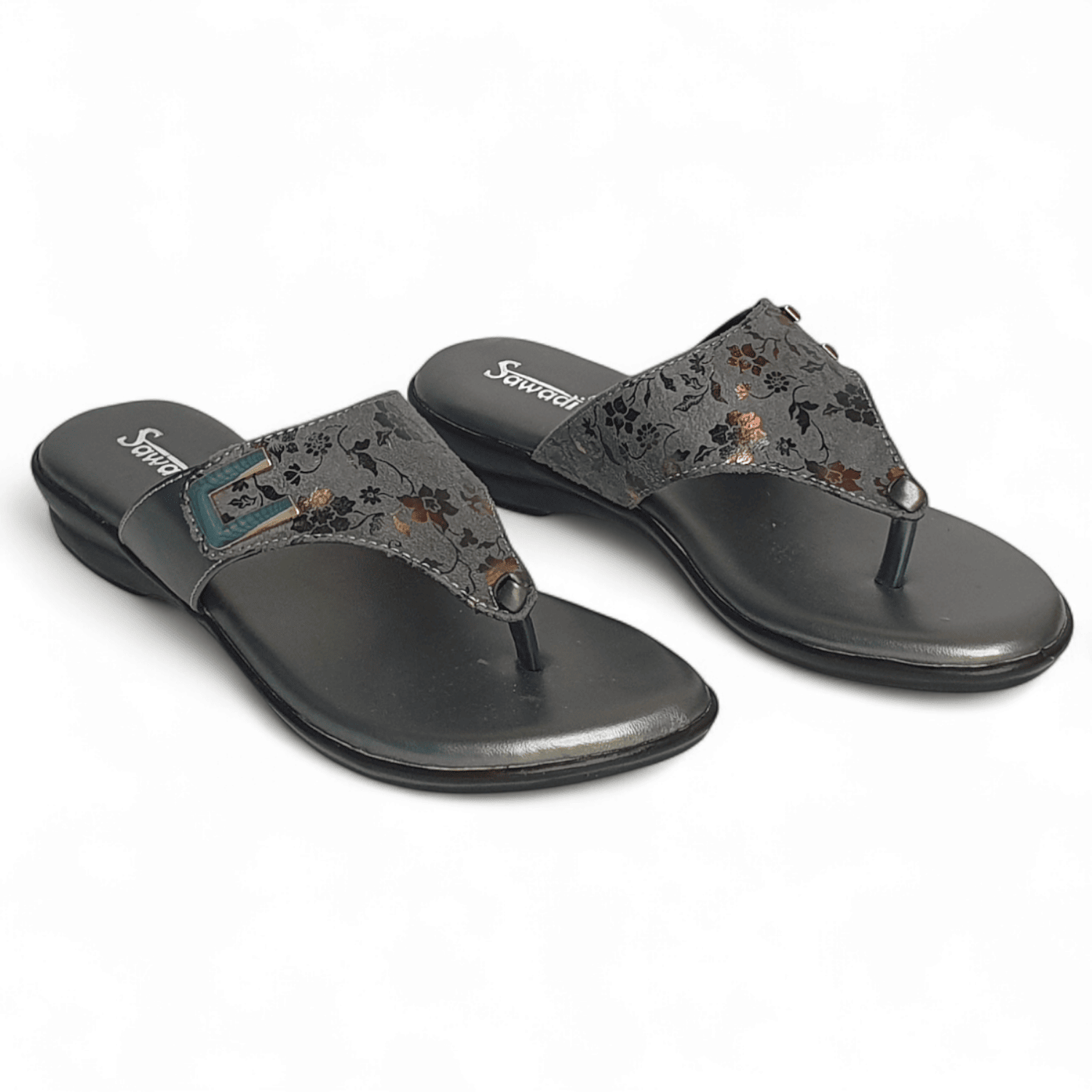 Grey Floral Toe-Ring Slip-On Sandals for Women | Stylish & Comfortable Flats | Sawadimart