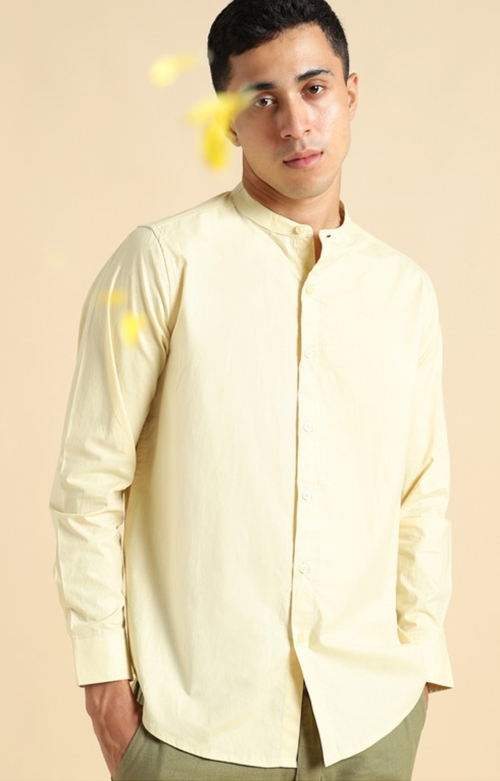 Men Yellow Cotton Solid Casual Shirts