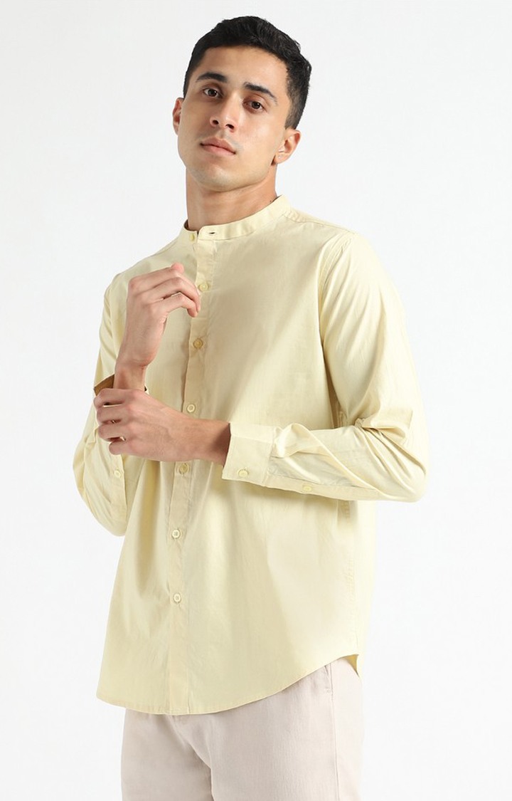 Men Yellow Cotton Solid Casual Shirts