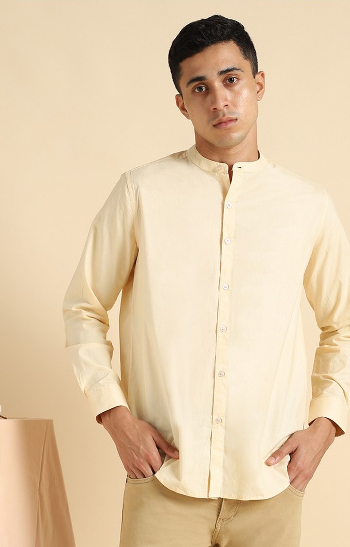 Men Orange Cotton Solid Casual Shirts