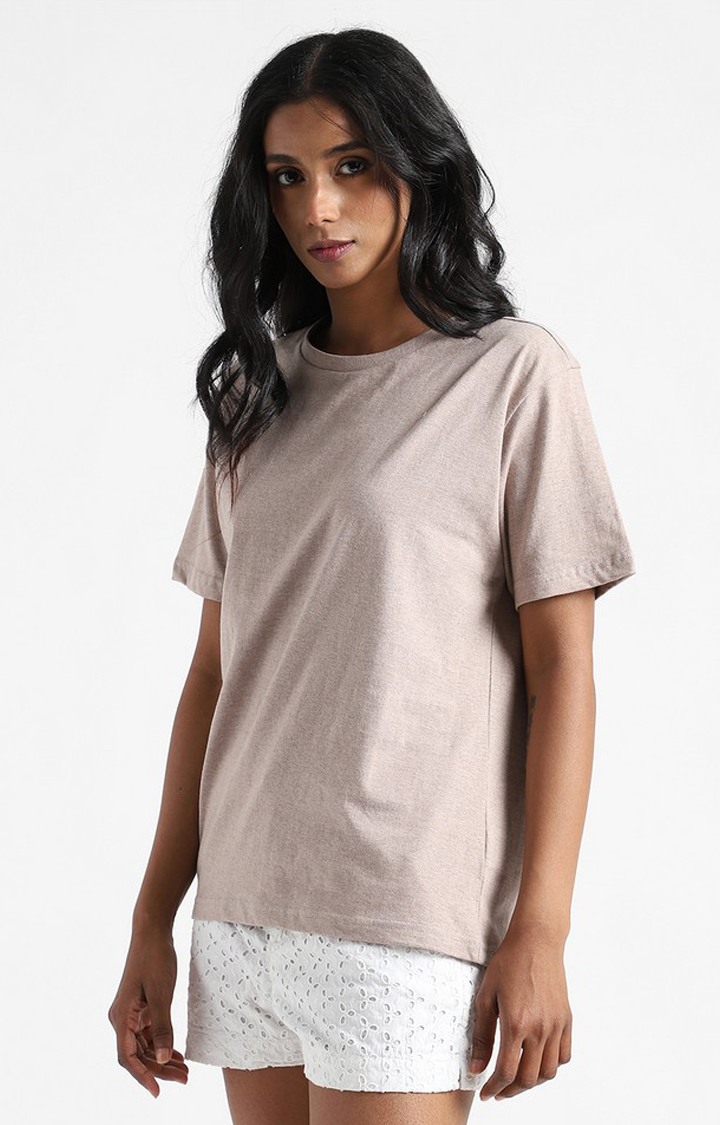 Women's Brown Cotton Solid Regular T-Shirt