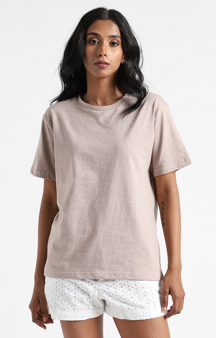 livbio | Women's Brown Cotton Solid Regular T-Shirt