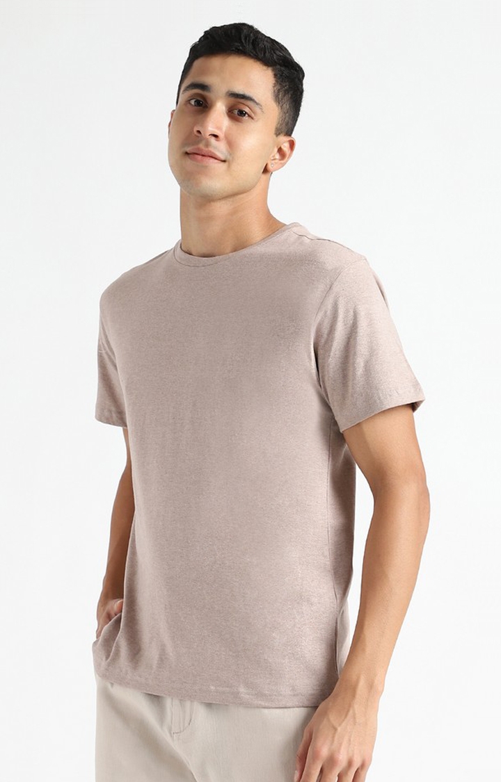 Men Brown Cotton Solid Regular T-Shirt
