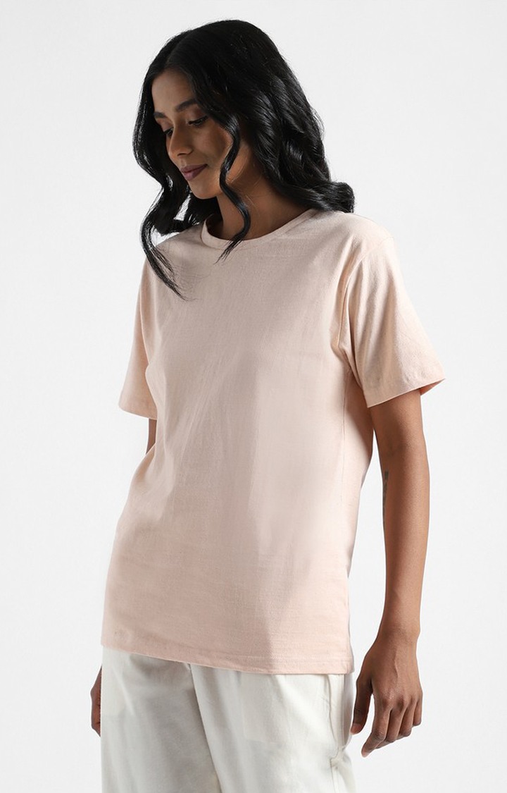 Women's Pink Cotton Solid Regular T-Shirt
