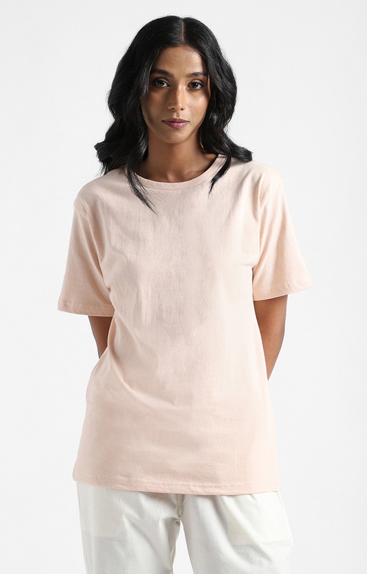 livbio | Women's Pink Cotton Solid Regular T-Shirt