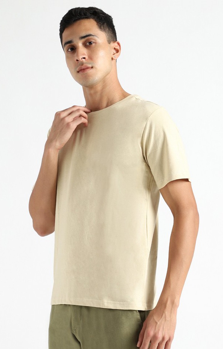 Men Yellow Cotton Solid Regular T-Shirt