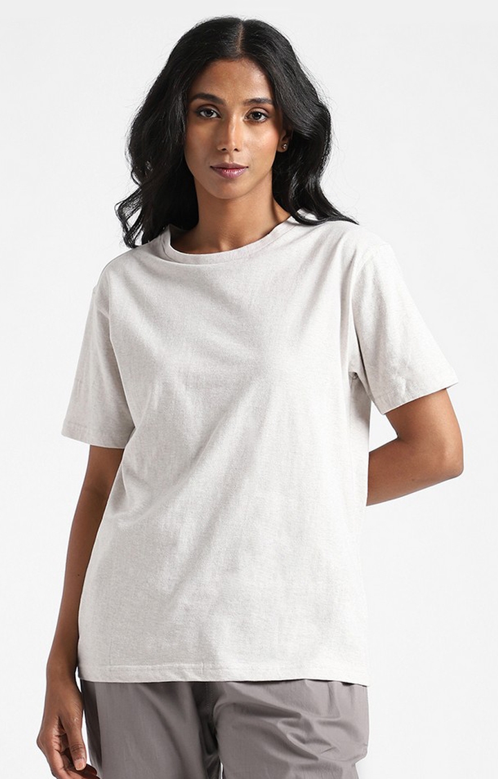 Women's Grey Cotton Solid Regular T-Shirt