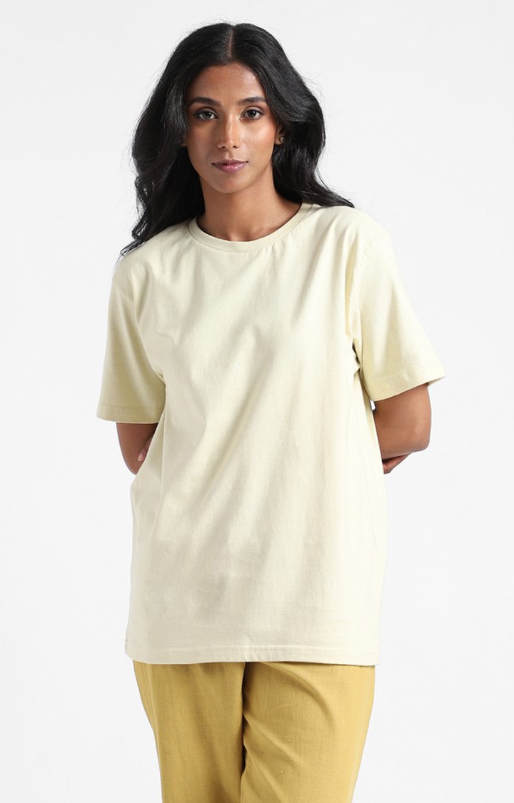 livbio | Women's Yellow Cotton Solid Regular T-Shirt
