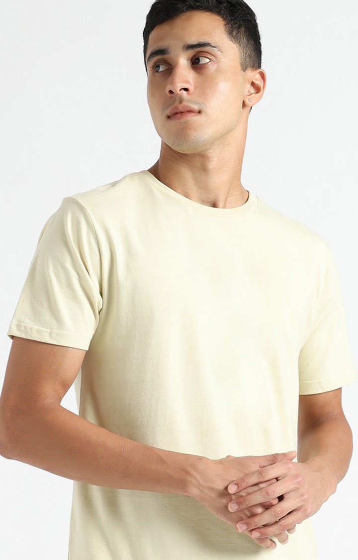 Men Yellow Cotton Solid Regular T-Shirt