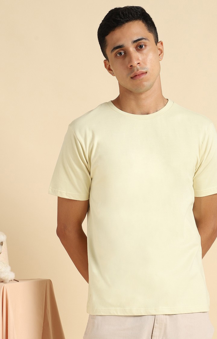 Men Yellow Cotton Solid Regular T-Shirt