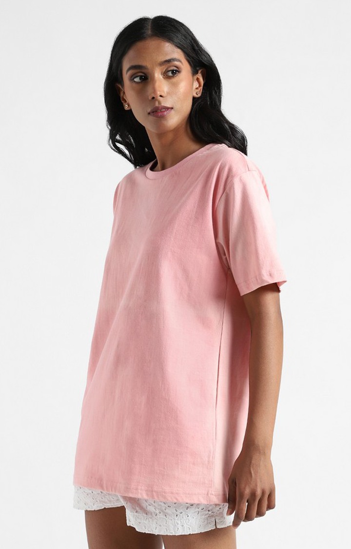 Women's Pink Cotton Solid Regular T-Shirt