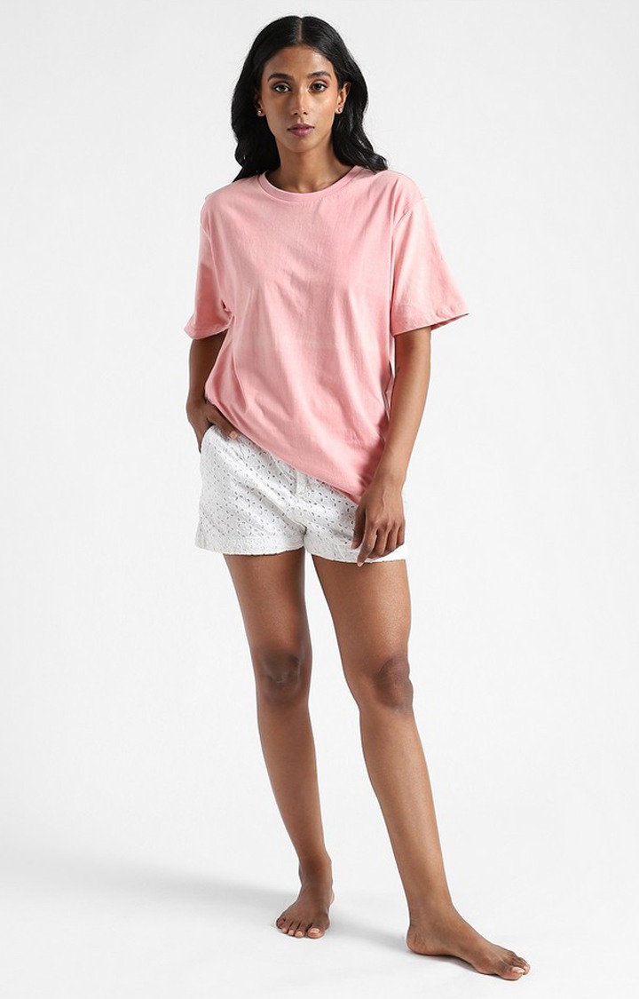 Women's Pink Cotton Solid Regular T-Shirt
