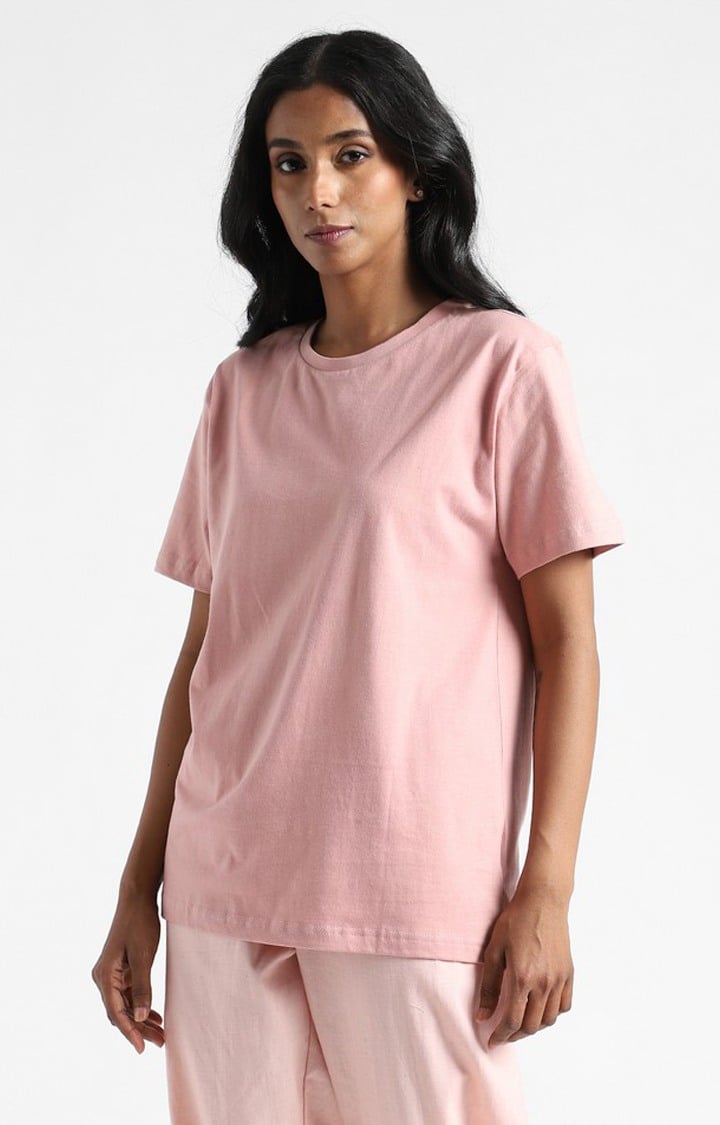 Women's Pink Cotton Solid Regular T-Shirt