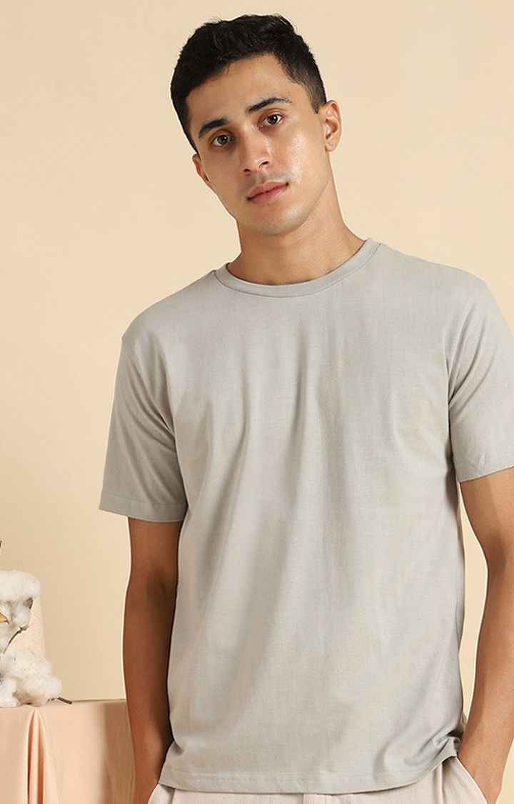 Men Grey Cotton Solid Regular T-Shirt