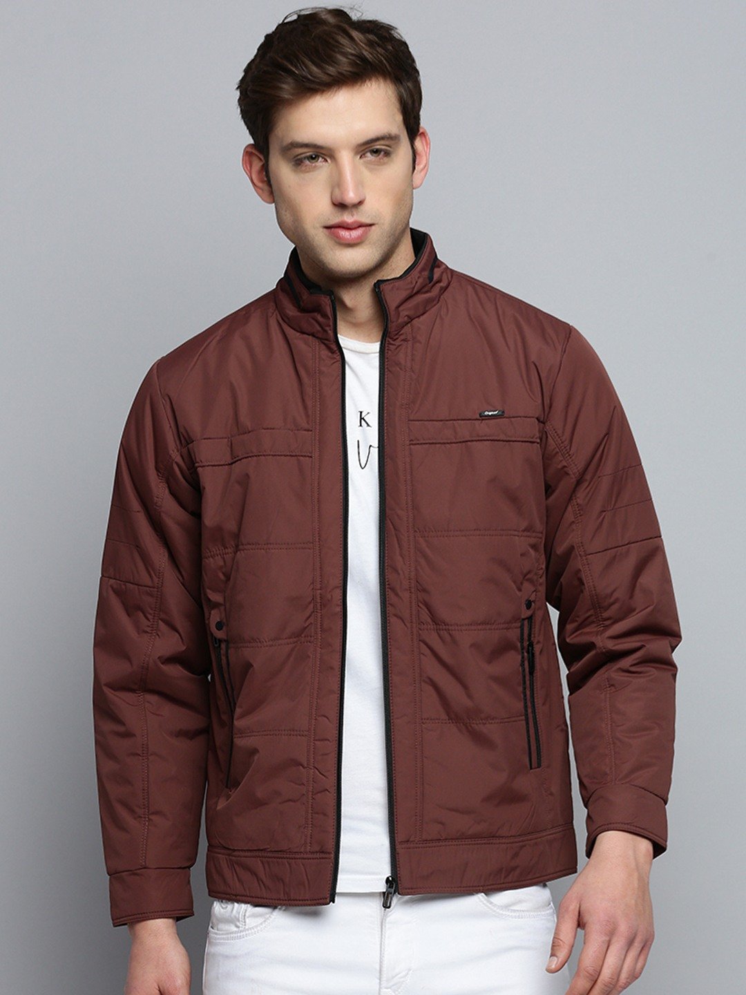 SHOWOFF Men's Solid Mock Collar Brown Quilted Jacket
