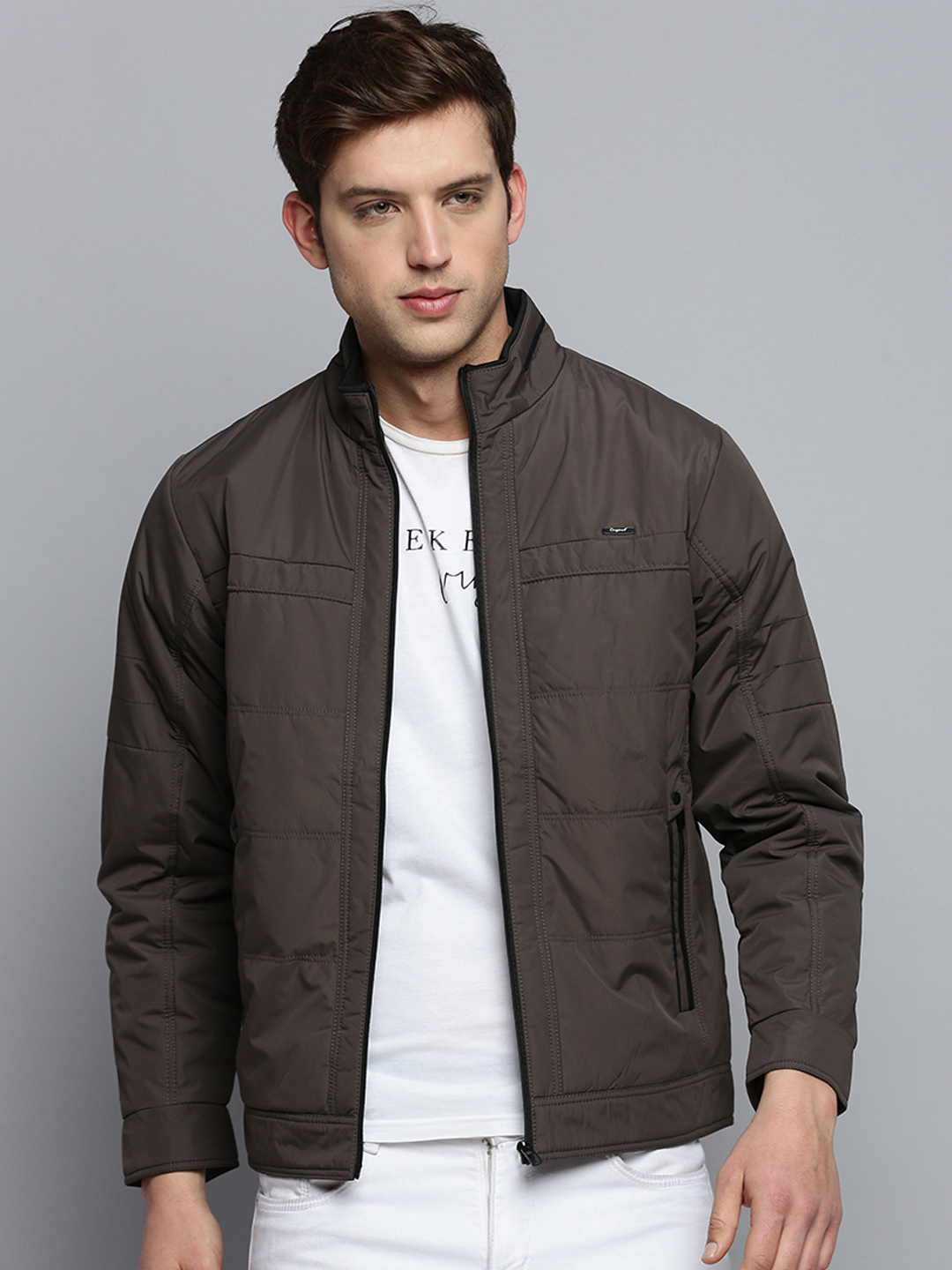 SHOWOFF Men's Solid Mock Collar Grey Quilted Jacket