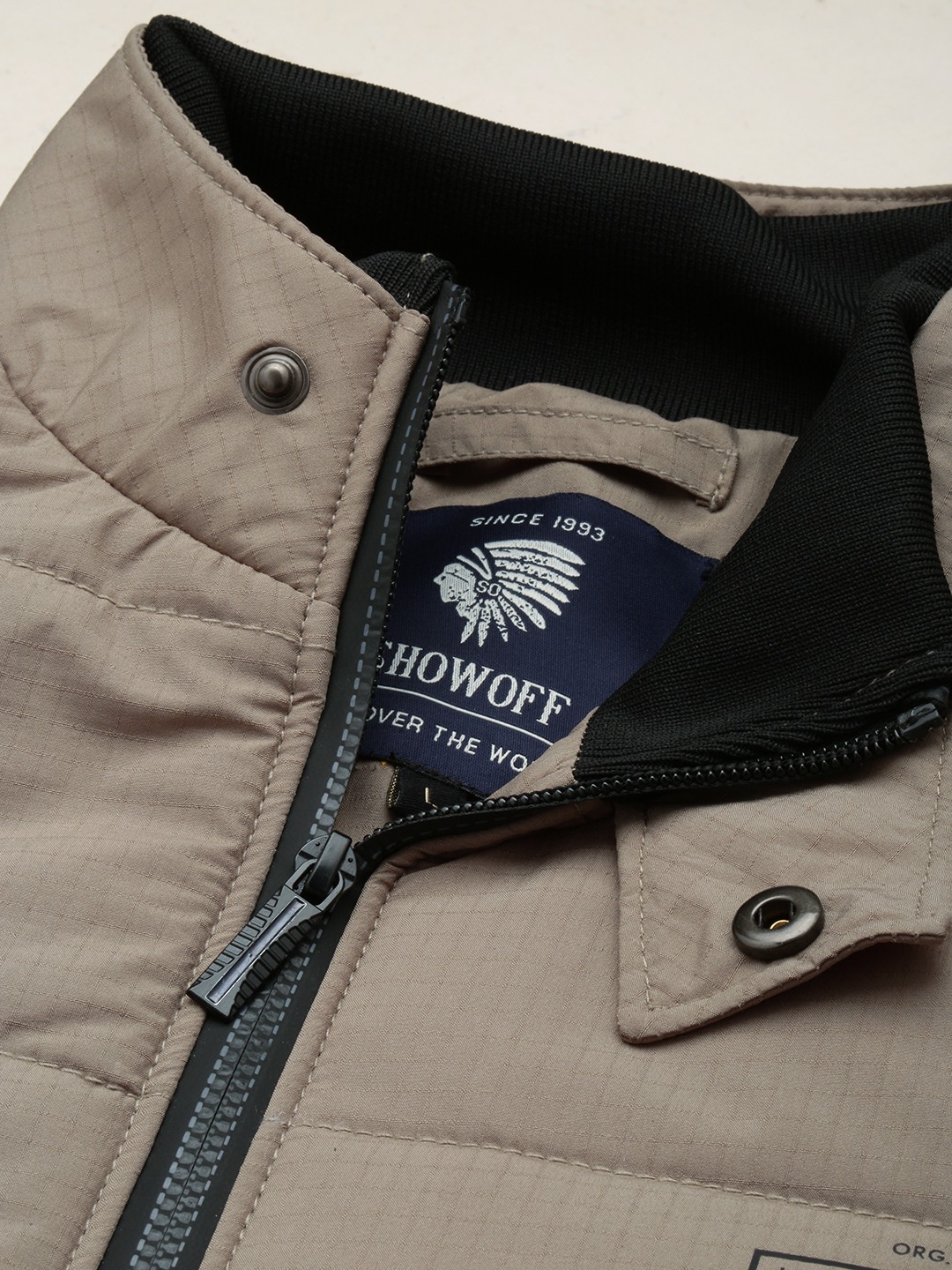 SHOWOFF Men's Solid Double Collar Khaki Quilted Jacket