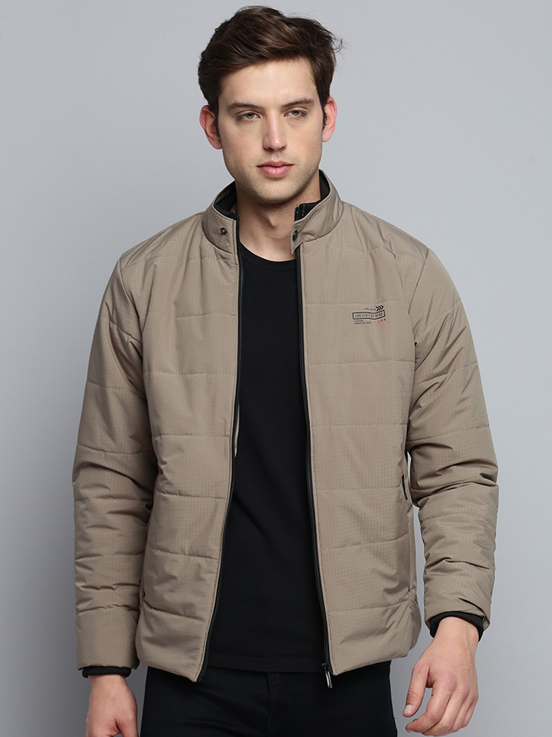 SHOWOFF Men's Solid Double Collar Khaki Quilted Jacket