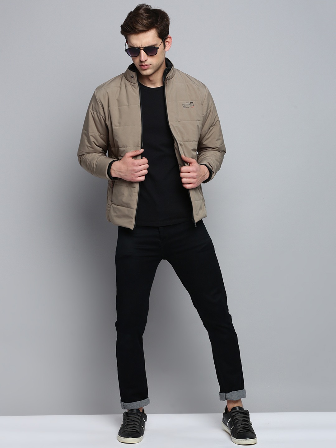 SHOWOFF Men's Solid Double Collar Khaki Quilted Jacket