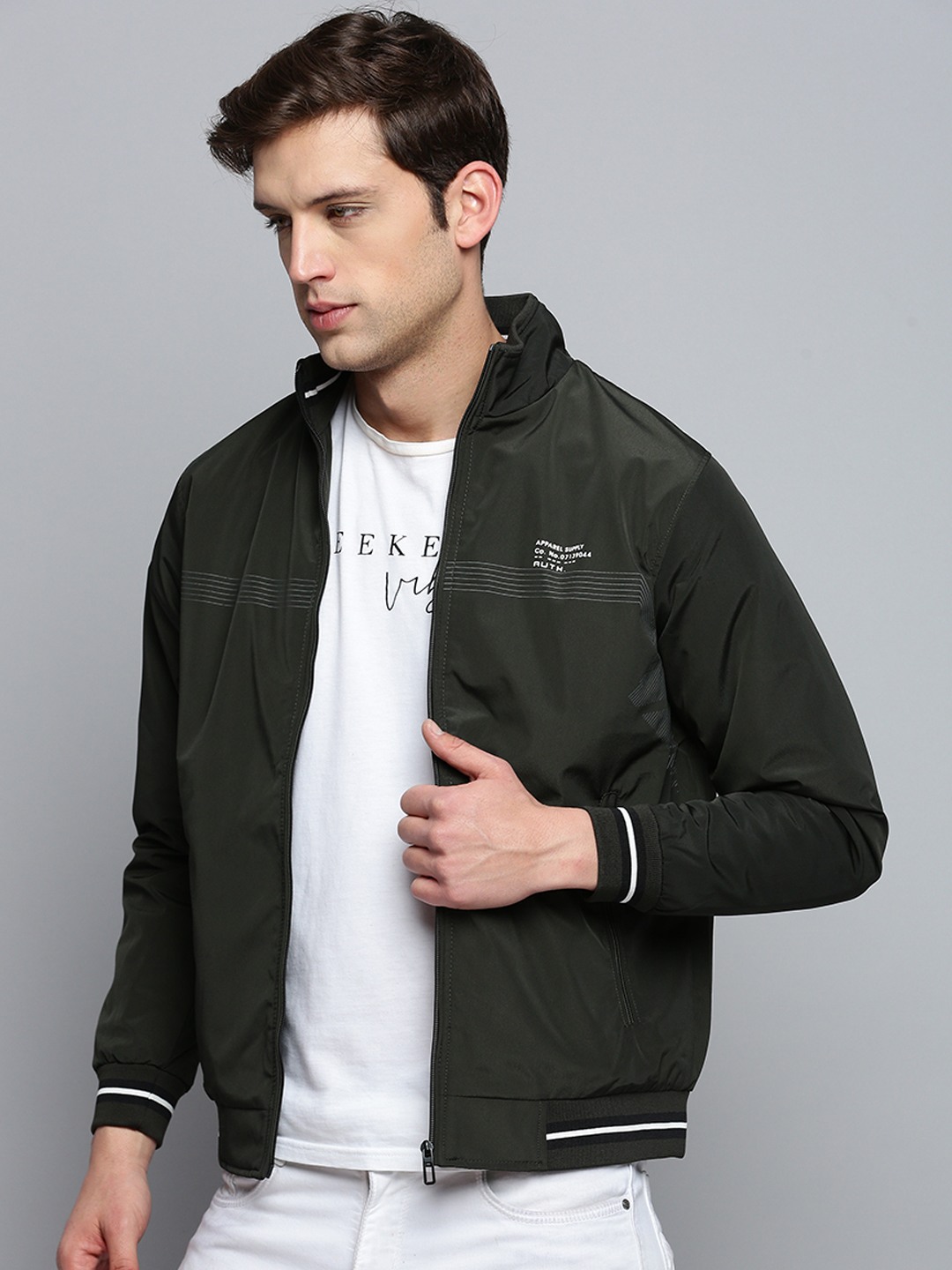 SHOWOFF Men's Solid Mock Collar Olive Padded Jacket