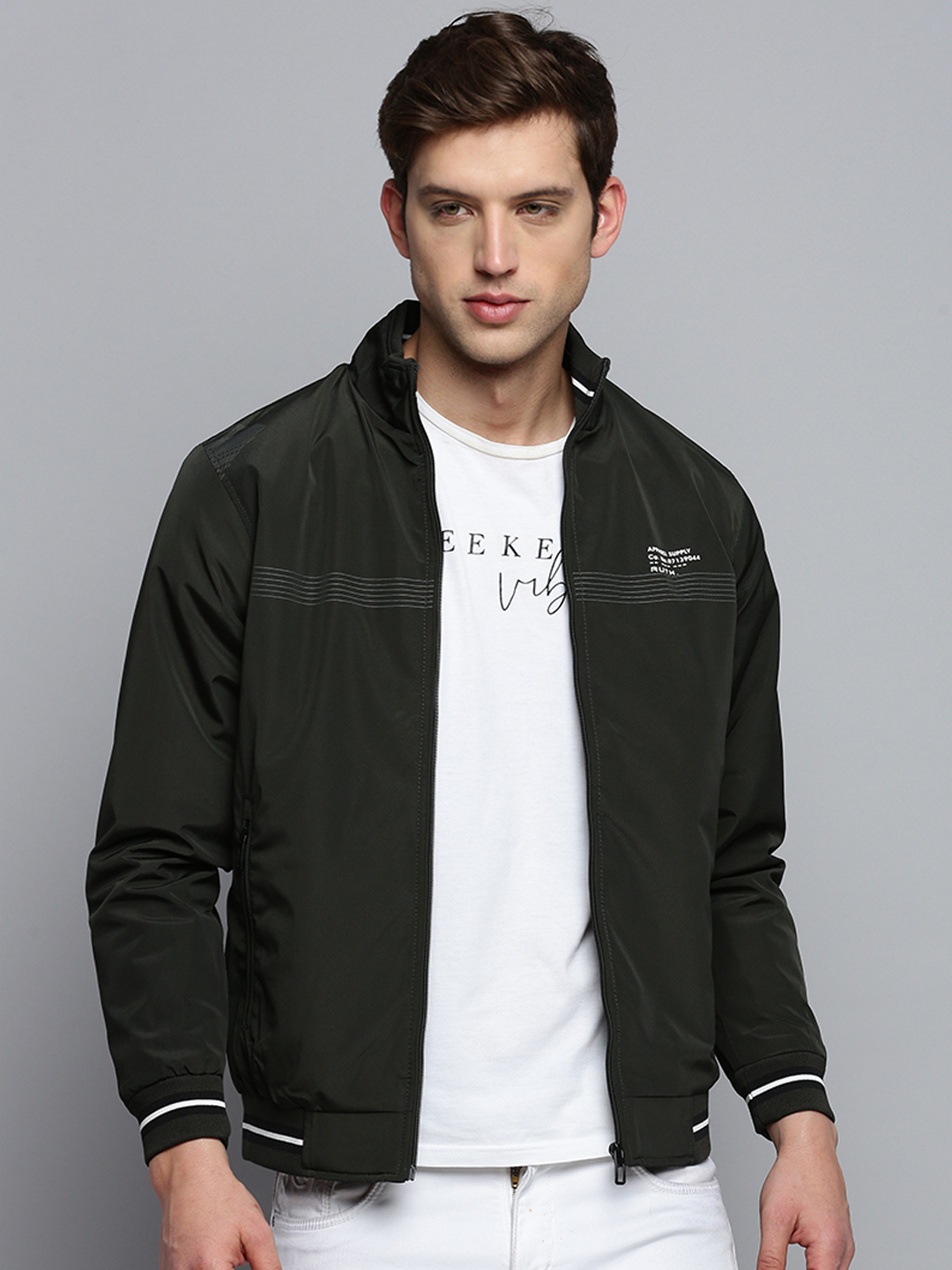 SHOWOFF Men's Solid Mock Collar Olive Padded Jacket