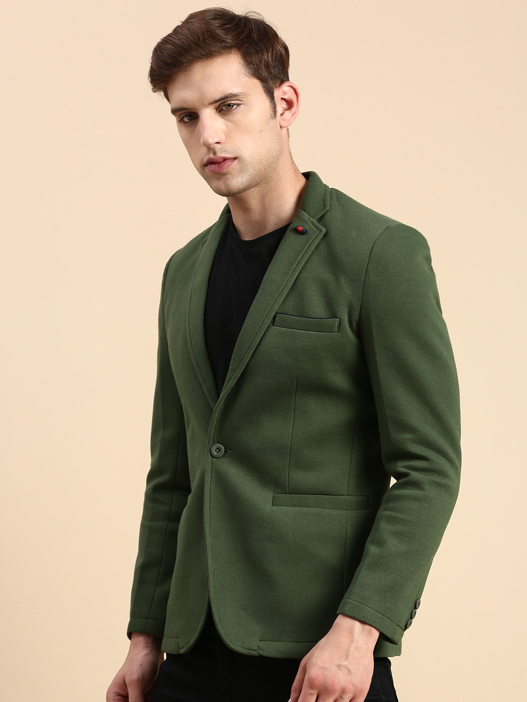SHOWOFF Men's Single Breasted Green Solid Slim Fit Blazer