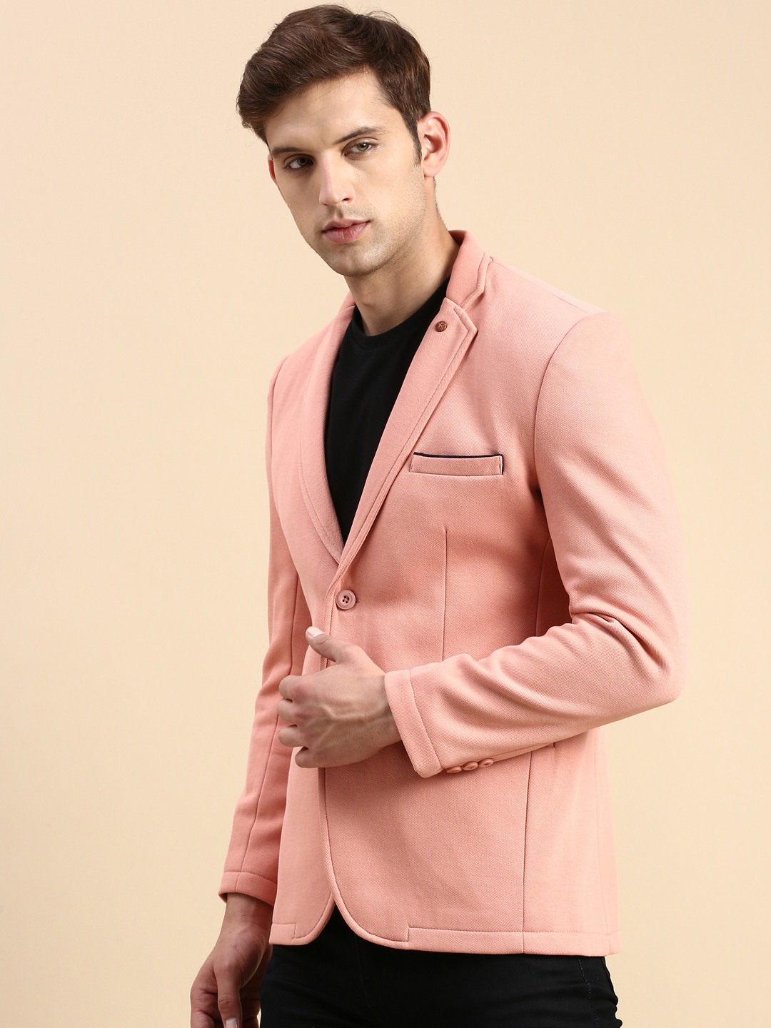 SHOWOFF Men's Single Breasted Peach Solid Slim Fit Blazer