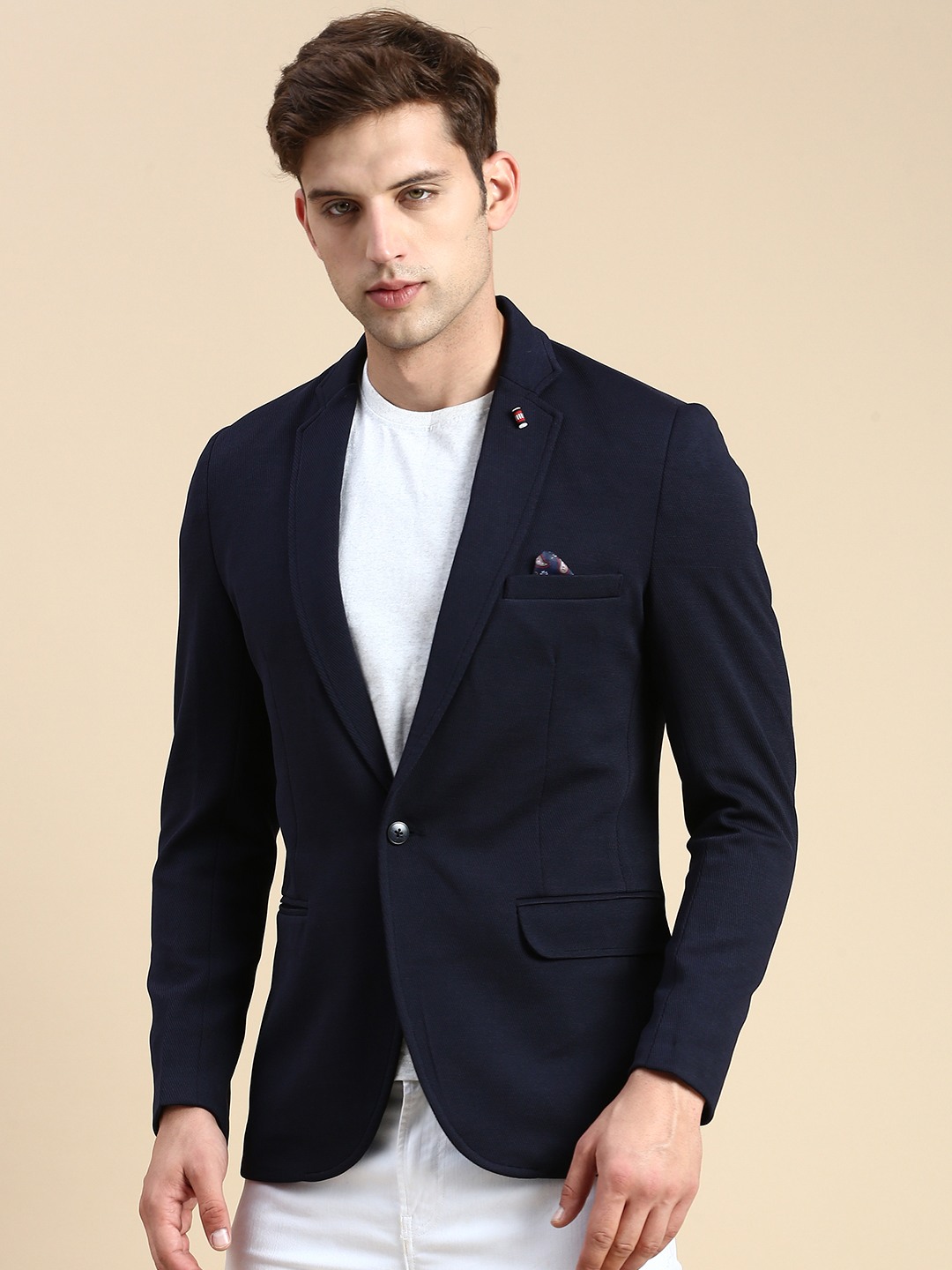 SHOWOFF Men s Single Breasted Navy Blue Solid Slim Fit Blazer