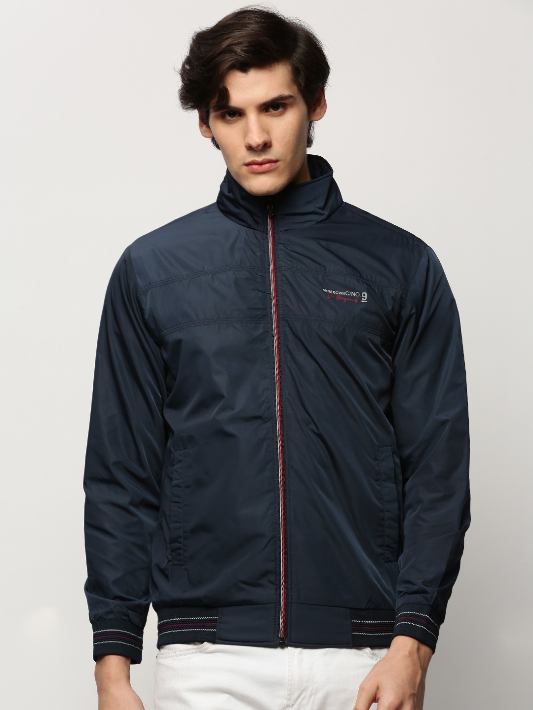 SHOWOFF Men s Solid Mock Collar Navy Blue Bomber Jacket