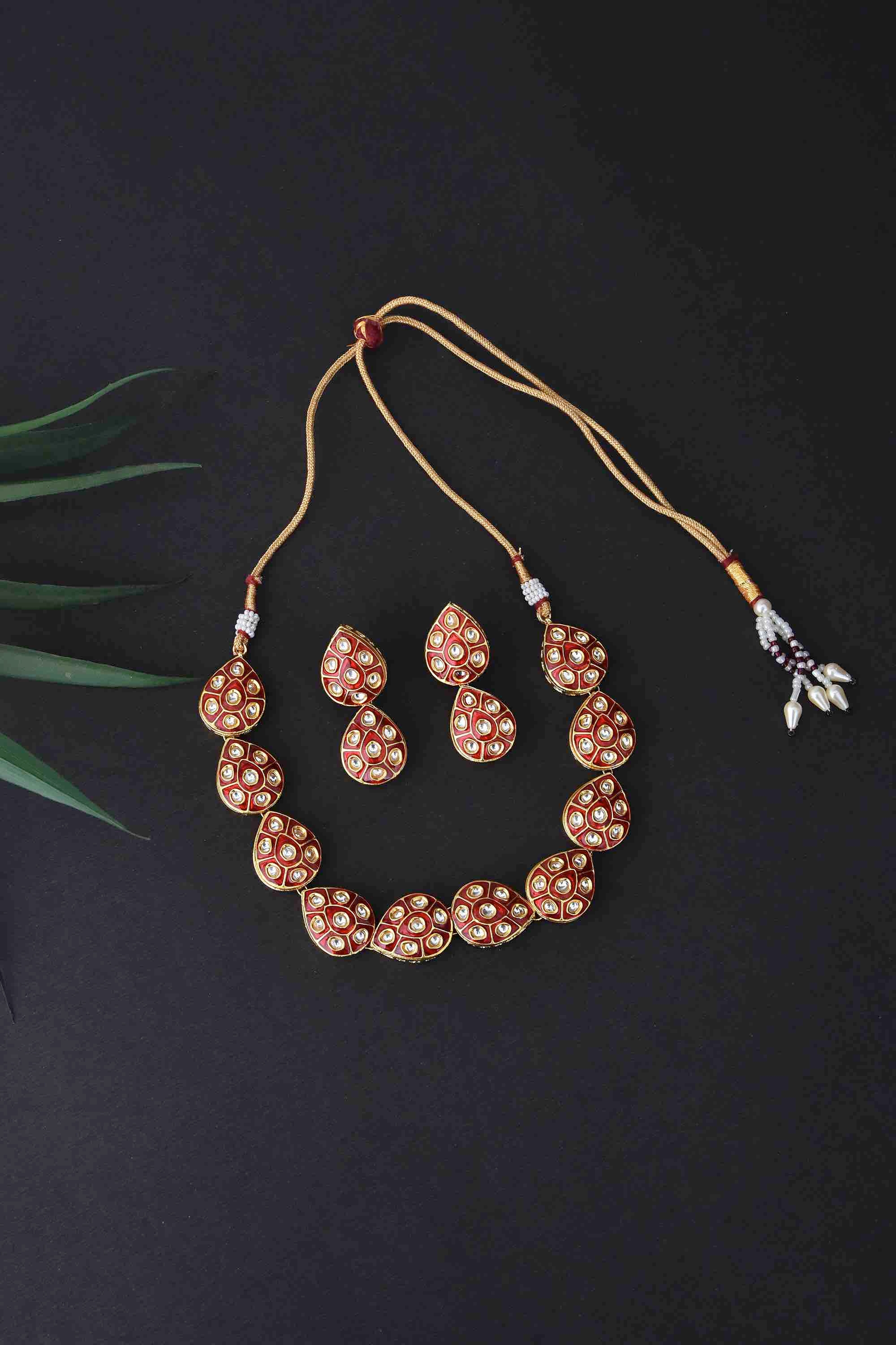 Swabhimann Jwellery | Red Gold Tone Kundan Meenakari Necklace Set 3