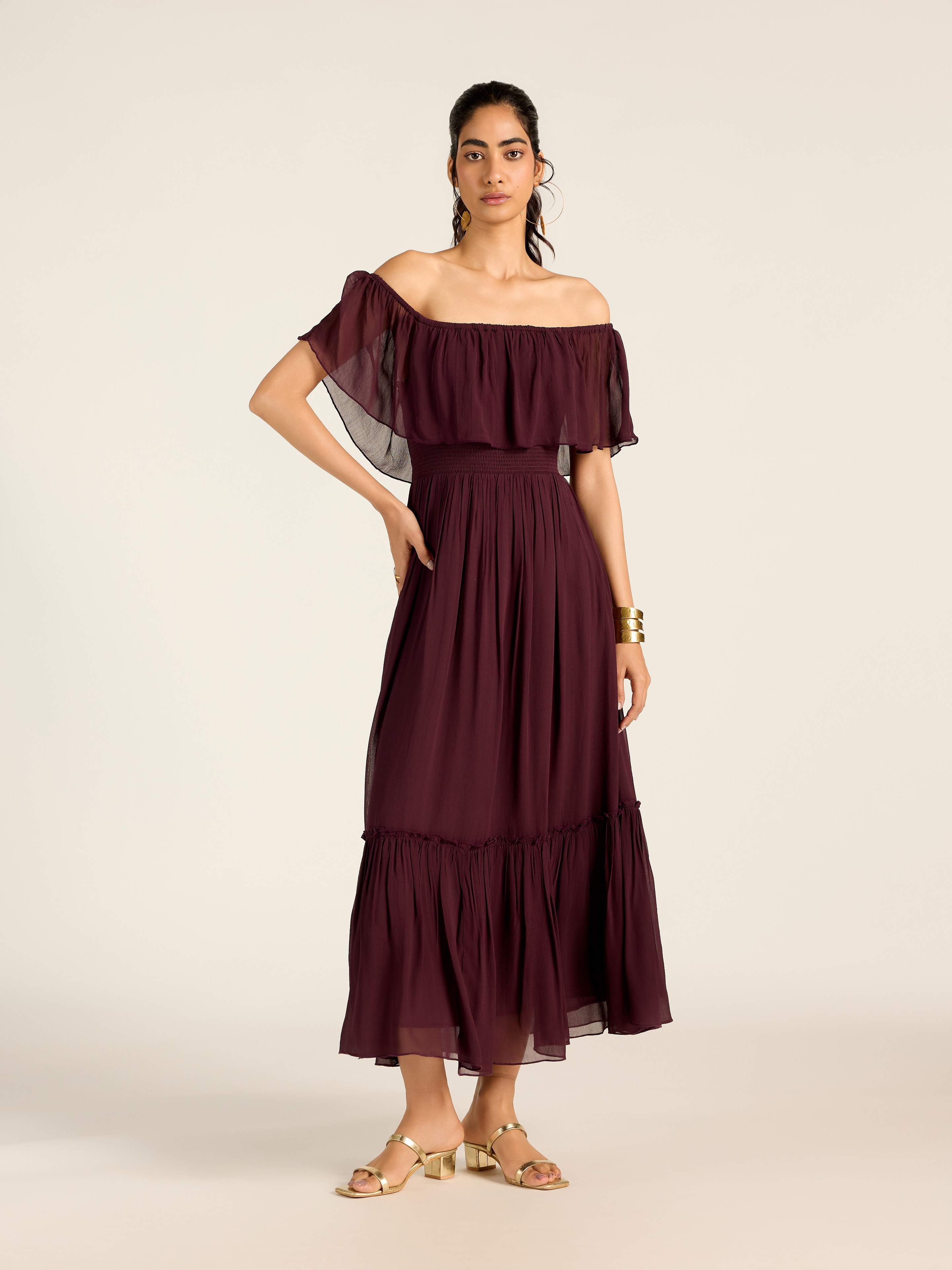 BROWN MARGO OFF-SHOULDER LONG DRESS