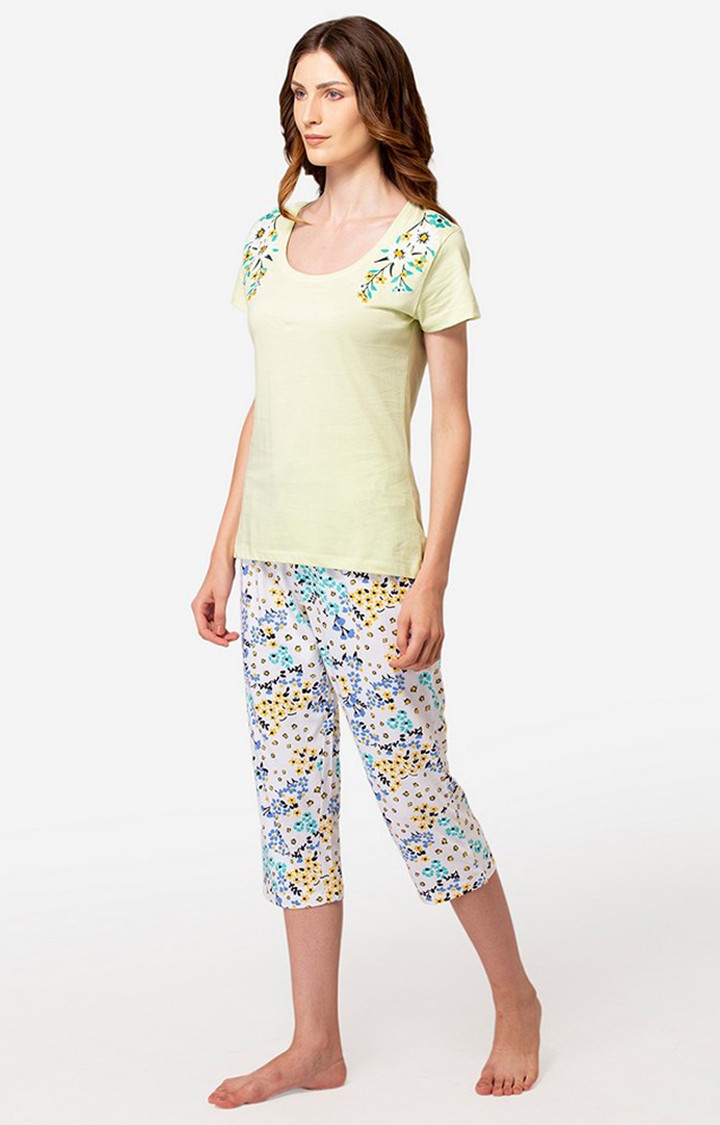 Lounge Dreams | Women's Light Green Cotton Printed Nightwear Set 3