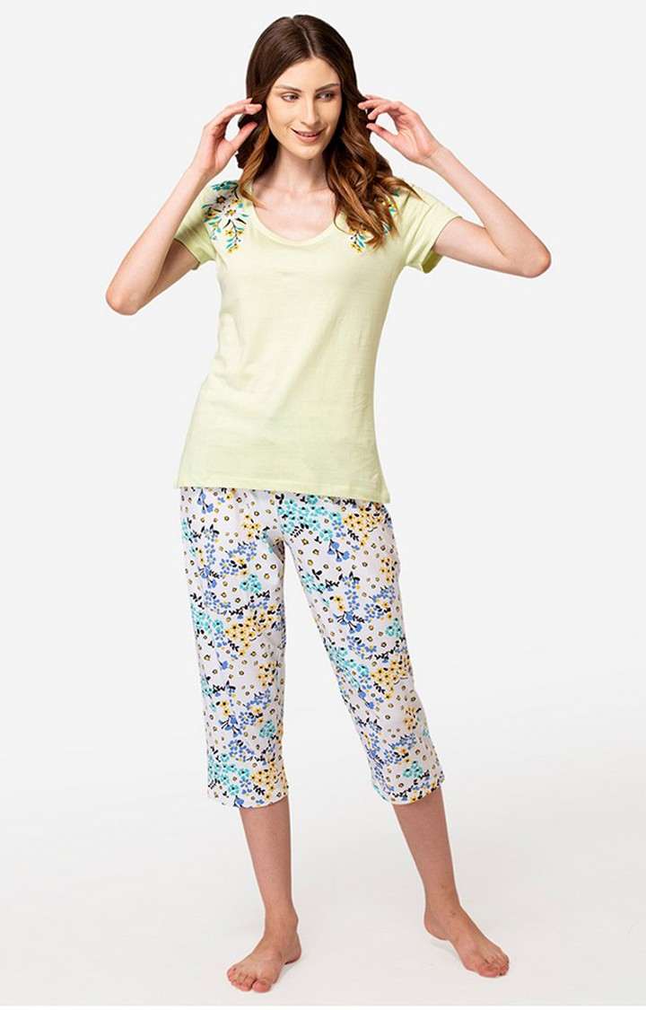 Lounge Dreams | Women's Light Green Cotton Printed Nightwear Set 1