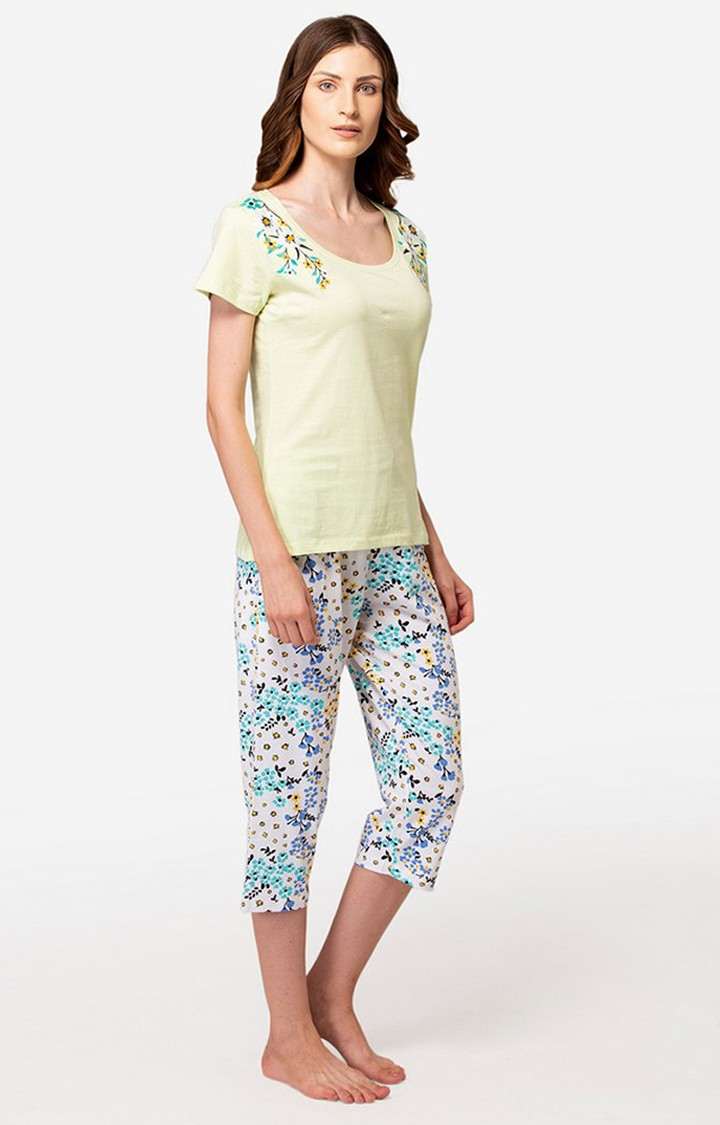 Lounge Dreams | Women's Light Green Cotton Printed Nightwear Set 2