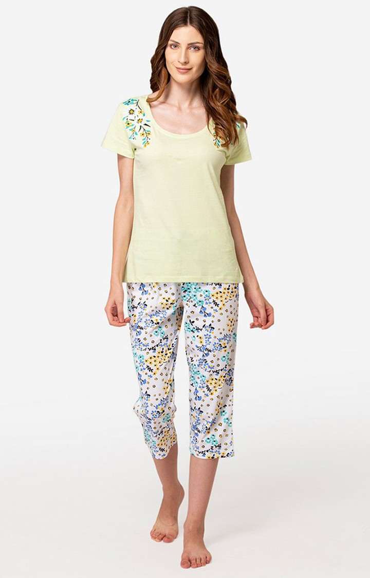 Lounge Dreams | Women's Light Green Cotton Printed Nightwear Set 0