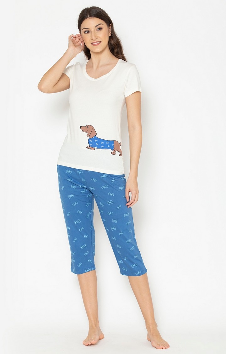 Lounge Dreams | Women's Off White and Blue Cotton Printed Nightwear Set