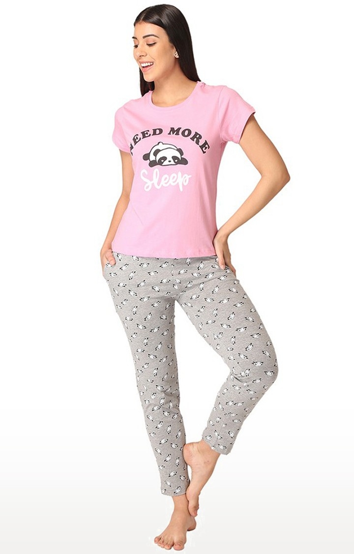 Lounge Dreams | Women's Pink and Grey Cotton Printed Nightsuit 1