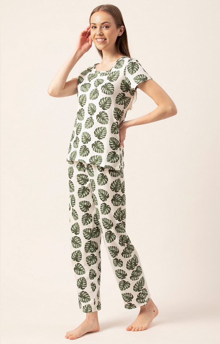 Lounge Dreams | Women's White Cotton Printed Nightsuit 2