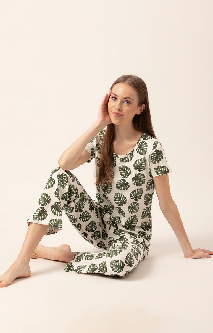 Lounge Dreams | Women's White Cotton Printed Nightsuit 1