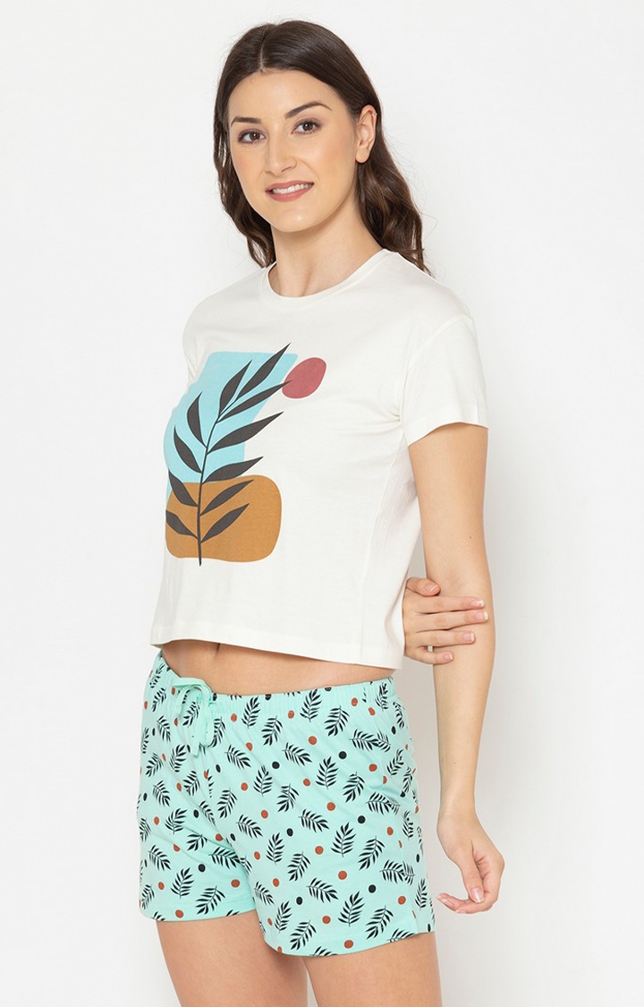 Lounge Dreams | Women's Off White and Light Blue Cotton Printed Nightwear Set 3