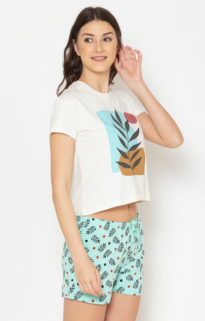 Lounge Dreams | Women's Off White and Light Blue Cotton Printed Nightwear Set 2